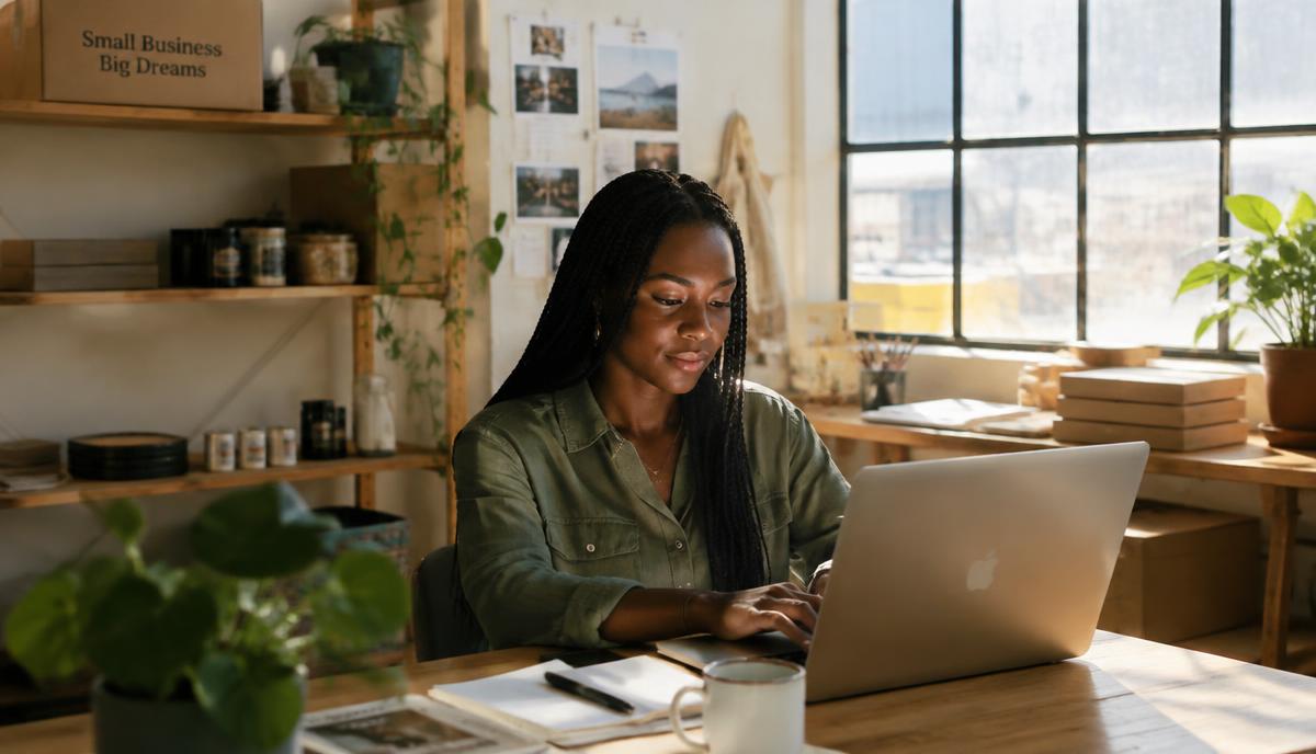 A founder works at a laptop in a sunlit workshop office