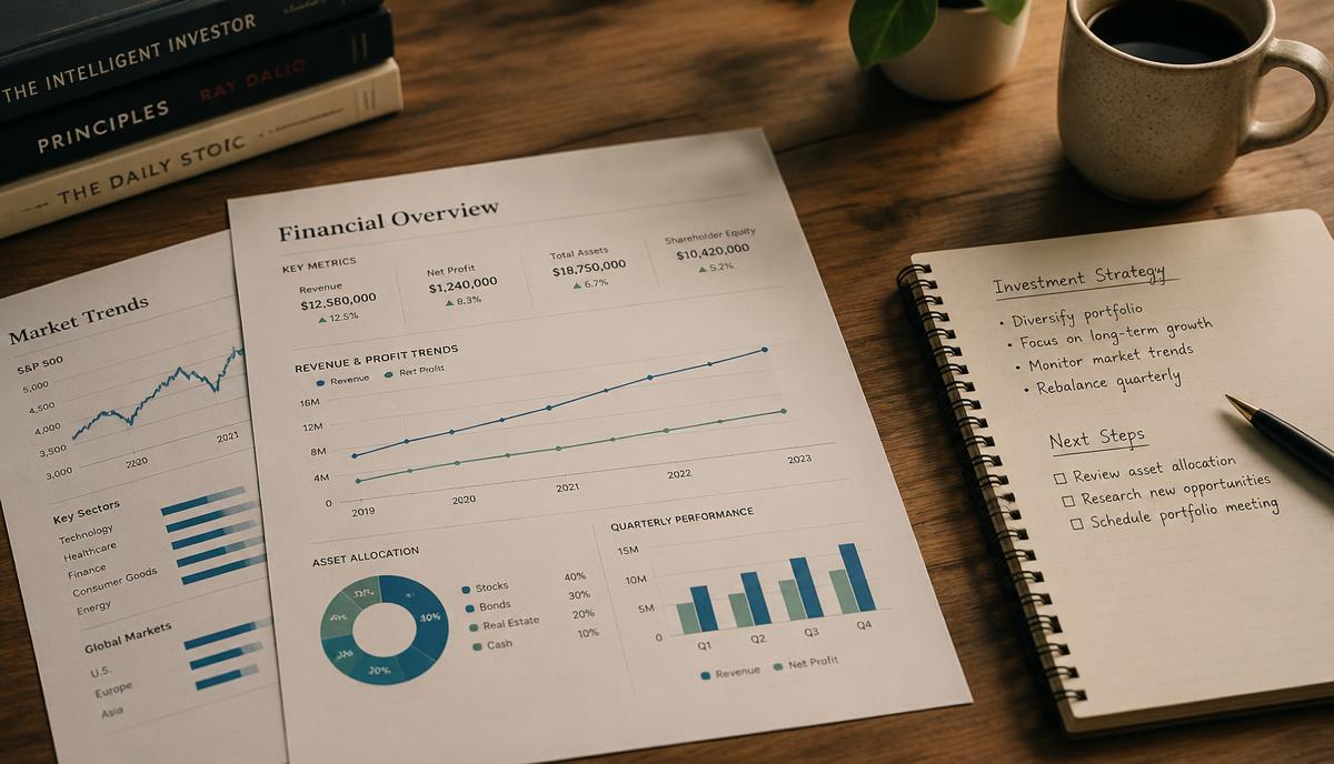 Printed financial charts and a notebook on a wooden desk