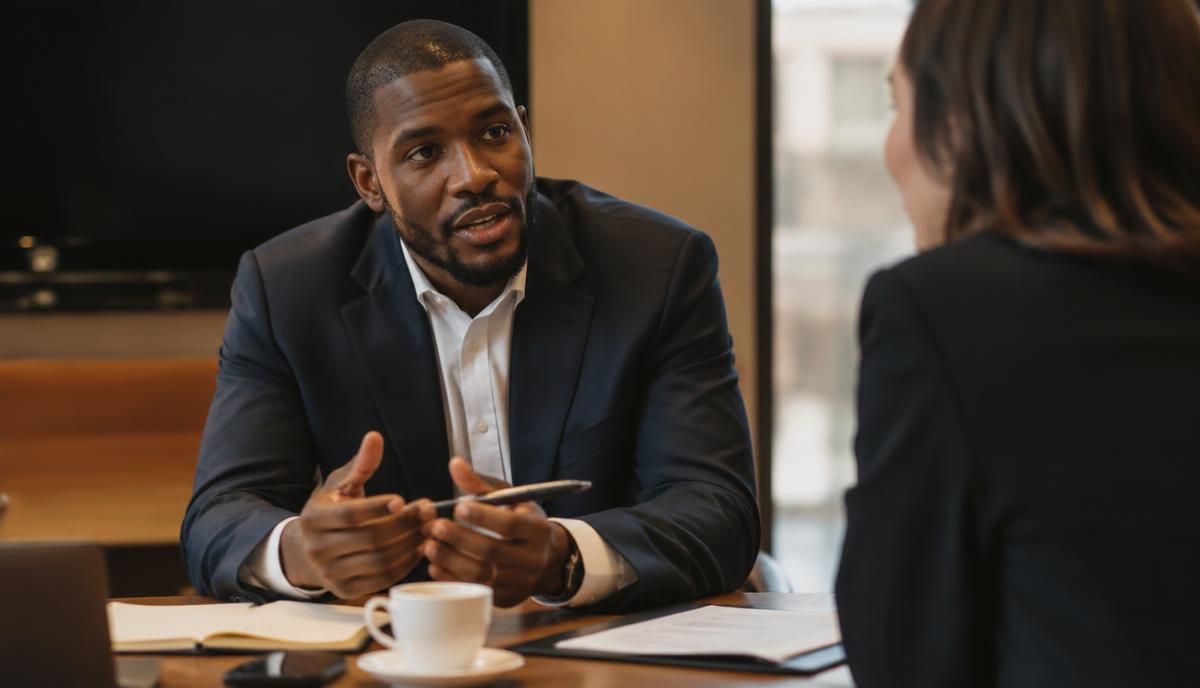 An investor and a founder in conversation at a conference table