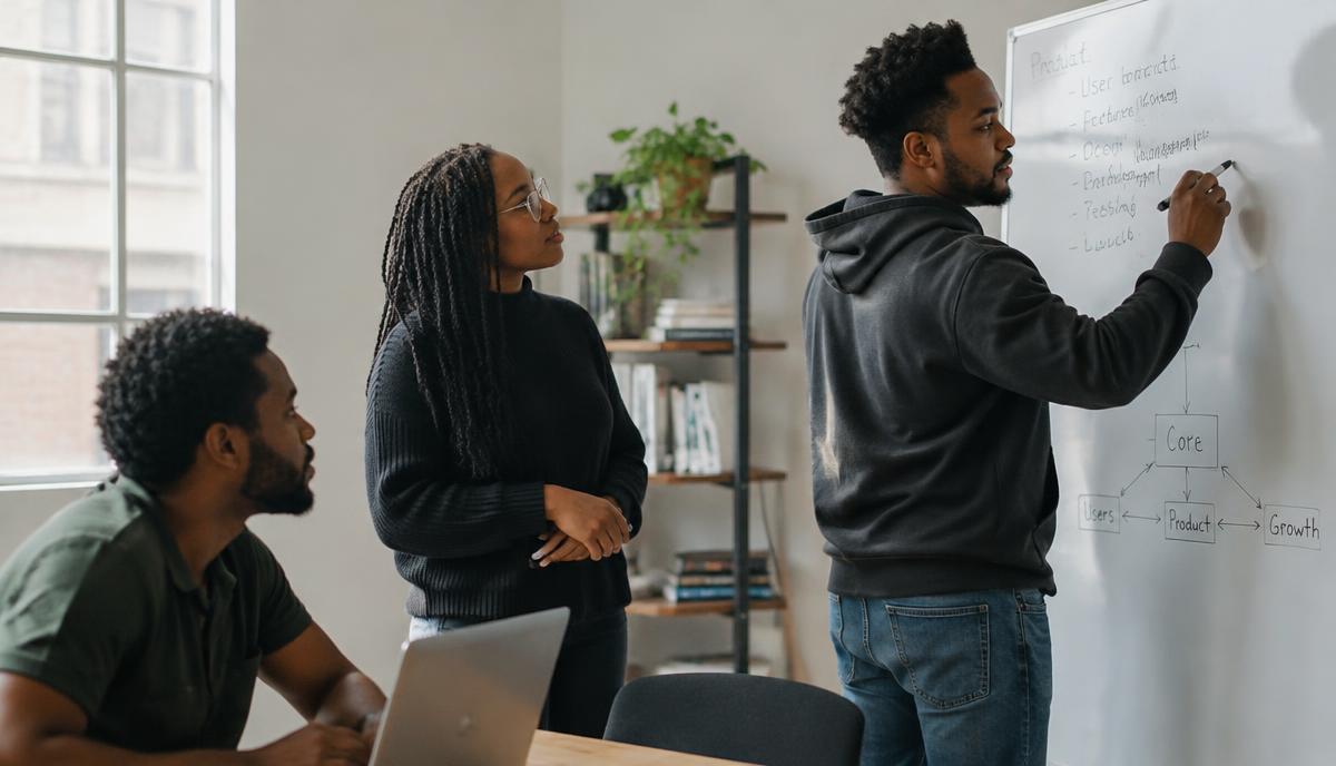 Three founders plan at a whiteboard in a co-working space