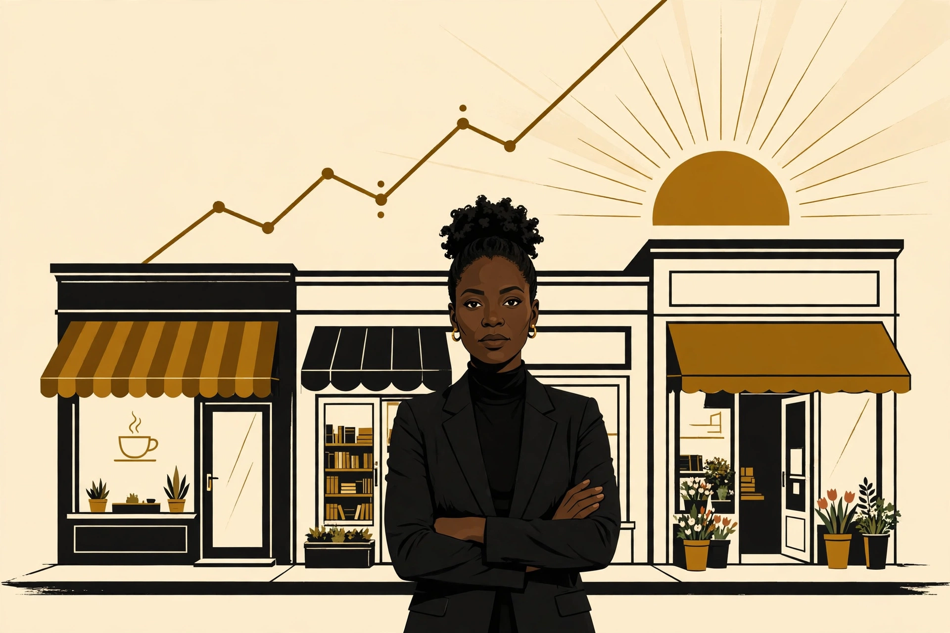 A Black business owner standing in front of a row of small storefronts as a growth line rises toward the sun.